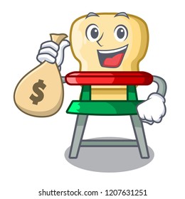 With money bag character baby eat on highchair indoors