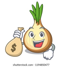 With money bag character fresh yellow onion on table