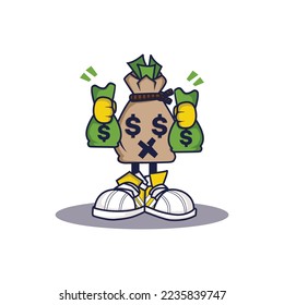 Money bag character holding money