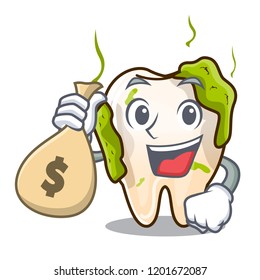 With money bag character unhealthy decayed teeth before rehabilitation
