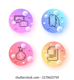 Money bag, Charging app and Cv documents minimal line icons. 3d spheres or balls buttons. Photo camera icons. For web, application, printing. Usd currency, Smartphone charger, Portfolio files. Vector