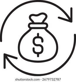 Saco de dinheiro com setas circulares simbolizando retorno financeiro