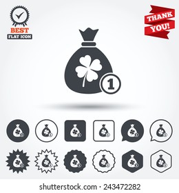 Money bag with Clover and coin sign icon. Saint Patrick symbol. Circle, star, speech bubble and square buttons. Award medal with check mark. Thank you ribbon. Vector