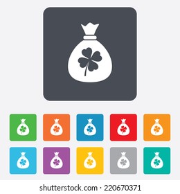 Money bag with Clover sign icon. Saint Patrick symbol. Rounded squares 11 buttons. Vector