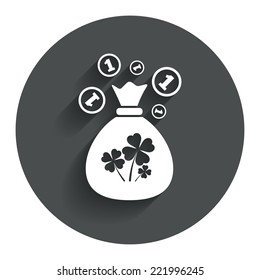 Money bag with Clovers and coins sign icon. Saint Patrick symbol. Circle flat button with shadow. Modern UI website navigation. Vector
