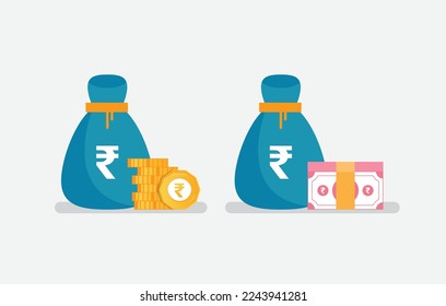 Money bag, coin and rupee stack.