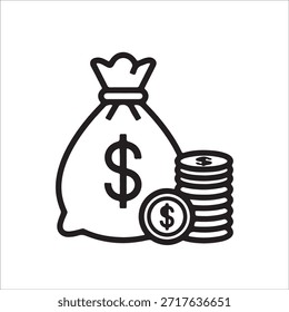 Money Bag and Coin Stack Line Art Illustration for Wealth and Savings Concept