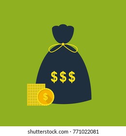 Money Bag with Coin Stack. Wealth, Money Making, Bank Deposit. Finances. Flat Style Design. Vector Illustration