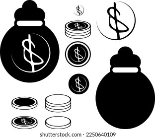 conjunto de bolsos de dinero y vectores de monedas