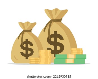 Money. Money bag, coins and banknotes in flat design isolated on white background. Budget, fund, investment profit, income or asset, eps 10 vector illustration.