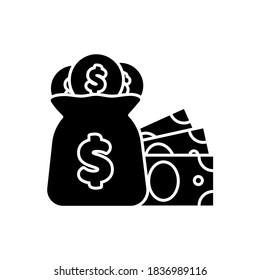 Money bag, coins and bills, dollars. Vector icon isolated on white background, flat cartoon minimal design, black silhouette, eps 10.