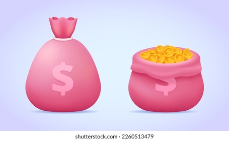 Money bag and coins. Capital, budget, investment, deposit, revenue, treasure. 3d vector money storage icon for web site, banner, landing page, print, game. Money sack three dimensional illustration.