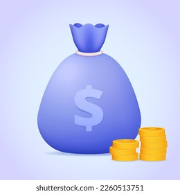 Money bag and coins. Capital, budget, investment, deposit, revenue. 3d vector money storage icon for web site, banner, landing page, print. Money sack three dimensional illustration.