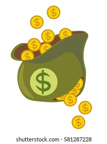 Money bag. Coins, dollars. Vector illustration flat. Money bag, financial investment, wealth accumulation. Business.Poverty. Bankruptcy. Hole.
