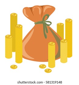 Money bag. Coins, dollars. Vector illustration flat. Money bag, financial investment, wealth accumulation. Business.