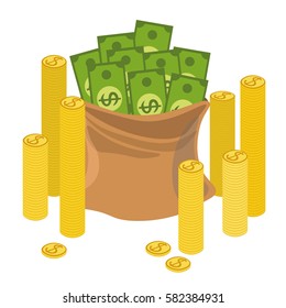 Money bag. Coins, dollars. Vector illustration flat. Money bag, financial investment, wealth accumulation. Business.