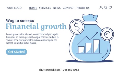 Money bag with coins, euro and dollar sign, increase graph with up arrow. Finance growth, success, business strategy of progress. Vector template for web, banner, landing page, website, startup.