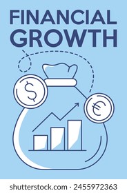 Bolsa de dinero con monedas, euro y signo de dólar, gráfico de aumento con flecha hacia arriba. Financiar el crecimiento, el éxito, la estrategia de negocio del progreso. Póster minimalista de Vector, formato a4. Para Anuncio, cubierta, Web