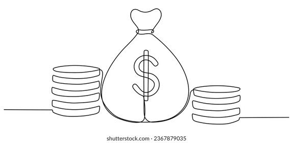 Money bag with coins stack continuous one line drawing. Business concept. Vector illustration isolated on white.