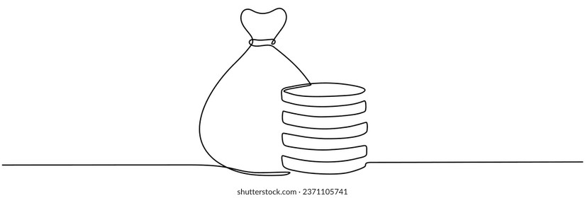 Money bag with coins stack continuous one line drawing. Business concept. Vector illustration isolated on white.
