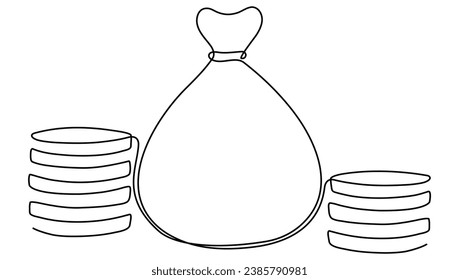 Money bag with coins stack continuous line drawing. Business symbol concept. Vector illustration isolated on white.