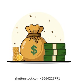 Money Bag with Coins and Stack Of Dollars Vector Illustration Isolated Design