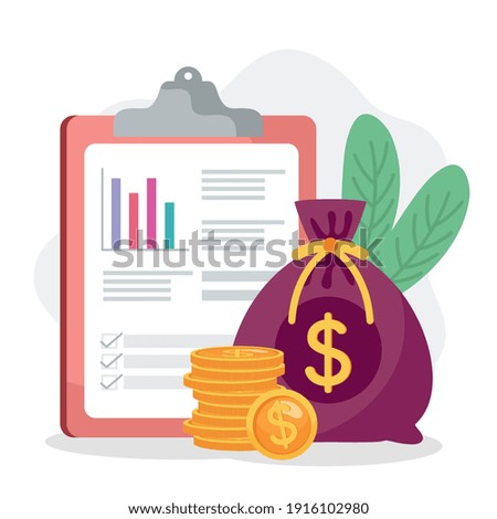 money bag coins and statistics document in clipboard vector illustration design