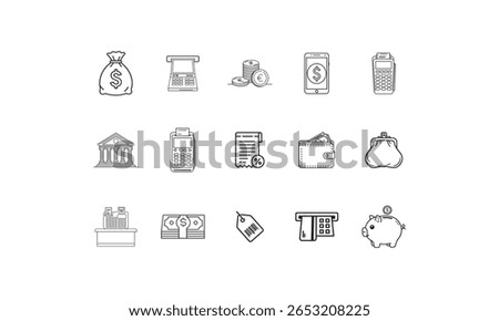 Money bag coins A T M phone wallet cash register bank receipt tag piggy bank euro dollar