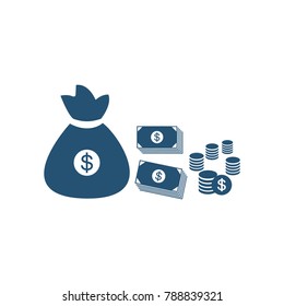 Money bag and coins of U.S.dollars, solid icon style business finance concept.