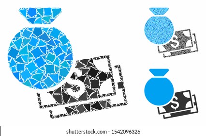 Money bag composition of humpy parts in variable sizes and color tones, based on money bag icon. Vector humpy dots are united into collage. Money bag icons collage with dotted pattern.