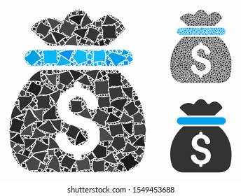 Money bag composition of inequal items in different sizes and color tints, based on money bag icon. Vector rugged items are organized into composition. Money bag icons collage with dotted pattern.