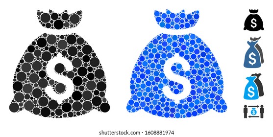 Money bag composition of spheric dots in different sizes and shades, based on money bag icon. Vector round dots are grouped into blue composition. Dotted money bag icon in usual and blue versions.