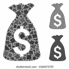 Money bag composition of uneven items in various sizes and color tinges, based on money bag icon. Vector uneven parts are grouped into composition. Money bag icons collage with dotted pattern.