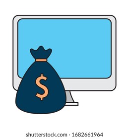 money bag with computer isolated icon vector illustration design