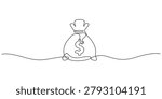 Money bag in continuous line drawing for minimalist finance and banking concepts. Minimalist single line art illustration of a dollar money sack for business design.