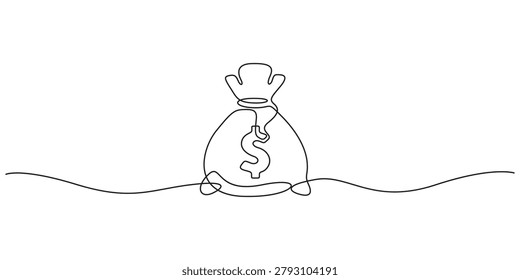 Money bag in continuous line drawing for minimalist finance and banking concepts. Minimalist single line art illustration of a dollar money sack for business design.