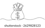 Money bag continuous line. Continuous one line drawing Money bag. Bag, money concept. Single line drawing, dollar money bag continuous line drawing. Hand holding coin continuous one 
