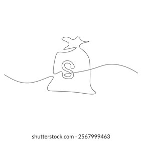 Money bag continuous line. Continuous one line drawing Money bag. Bag, money concept. Single line drawing
