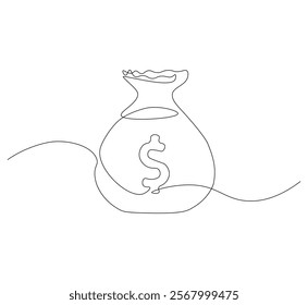 Money bag continuous line. Continuous one line drawing Money bag. Bag, money concept. Single line drawing