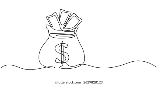 Saco de dinheiro linha contínua. Uma linha contínua desenhando saco de dinheiro. Bolsa, conceito de dinheiro. Desenho de linha única, sacola de dinheiro de dólar desenho de linha contínua. Mão segurando moeda contínua um 