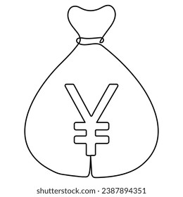 Geldbeutel durchgängige, einzeilige Zeichnung. Chinesisches Währungszeichen. Vektorgrafik einzeln auf Weiß.
