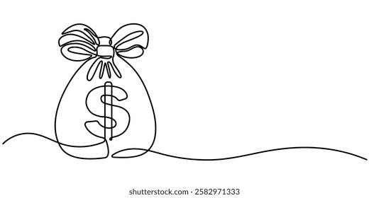 Money bag continuous one line drawing, Dollar bag continuous line drawing. Dollar linear symbol. Savings money concept. Vector illustration, Continuous one line drawing of money bag. One line drawing.