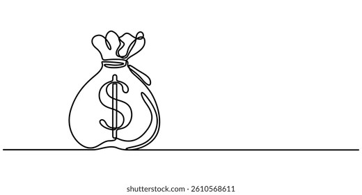 Money bag continuous one line drawing. Business dollar sign concept. Vector illustration isolated on white background, Continuous Line Drawing of Saving Money Icon. Hand Drawn Symbol Vector concept.