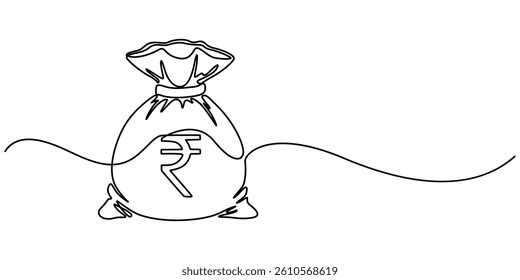 Money bag continuous one line drawing. Business dollar sign concept. Vector illustration isolated on white background, Continuous Line Drawing of Saving Money Icon. Hand Drawn Symbol Vector concept.