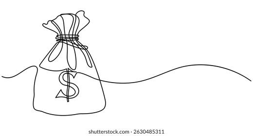 Money bag continuous one line drawing. Business dollar sign concept. A continuous line drawing of a money bag containing a dollar coin. Vector illustration isolated on white.