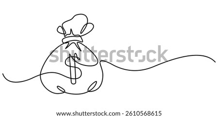 Money bag continuous one line drawing. Business dollar sign concept. Vector illustration isolated on white background, Continuous Line Drawing of Saving Money Icon. Hand Drawn Symbol Vector concept.