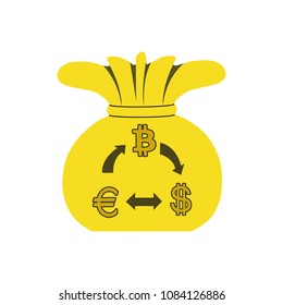 Money bag. Crypto currency exchange concept. Convert bitcoin to dollar, euro. Vector illustration. 