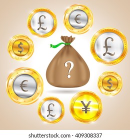 Money bag. Currency - the dollar - the euro - pound sterling - Yen. Vector illustration