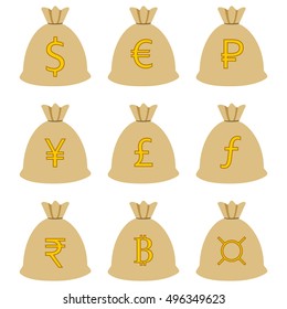 Money bag currency icons set.