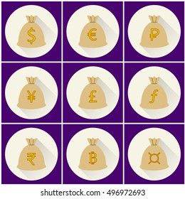 Money bag currency long shadow icons set.